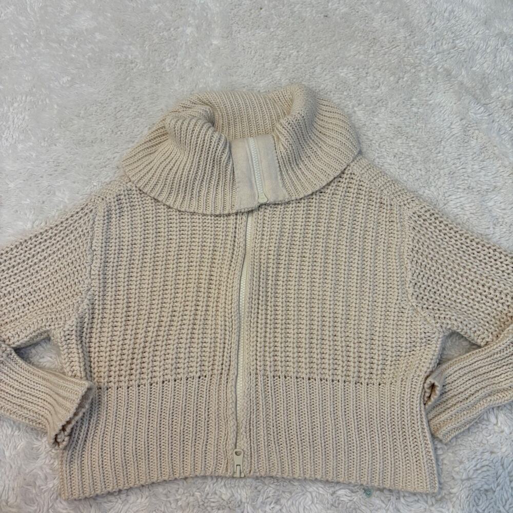 Aerie Womens XS Cream Knit Mock Zip Up Costal Cozy Casual Beachy Summer Cotton